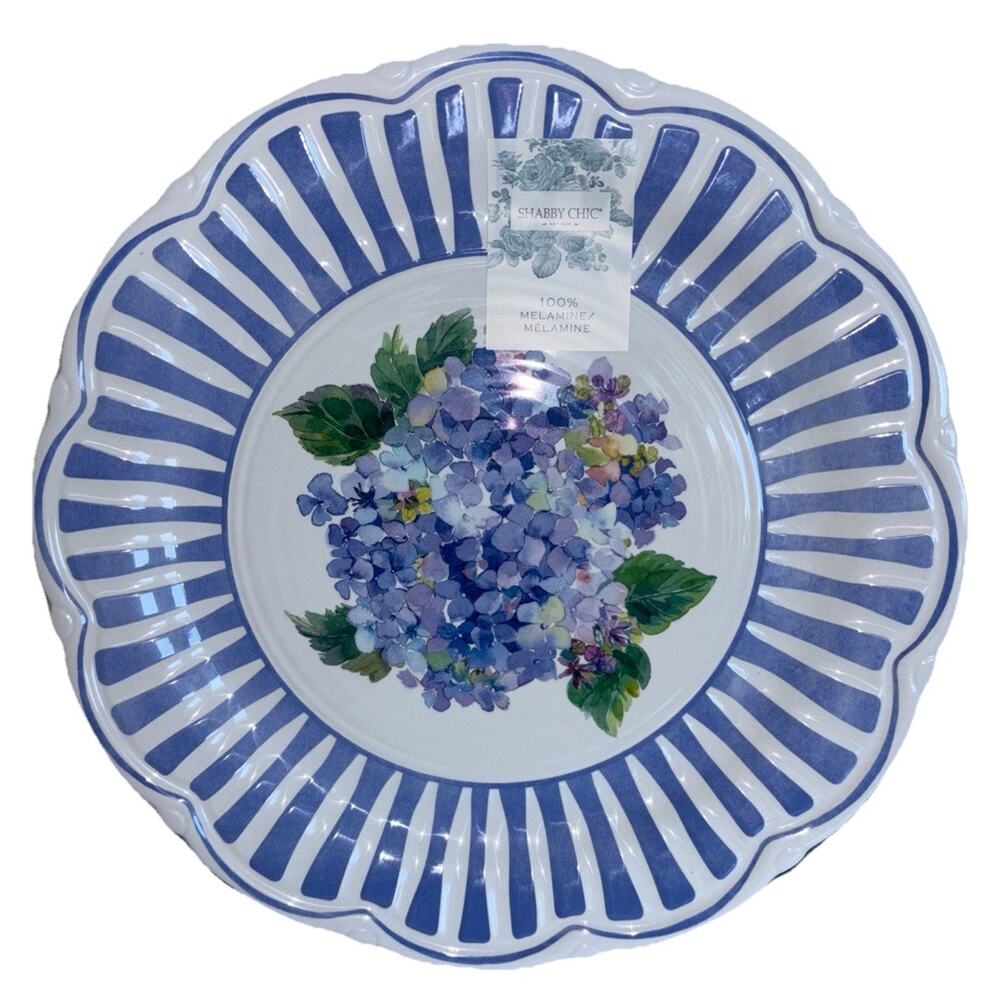 Shabby Chic Purple Hydrangea Stripes Melamine Outdoor Dinner Plates 11” Set Of 4